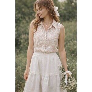 Mirage Floral Cotton Blouse Womens L Sleeveless Cottagecore Romantic Coquette